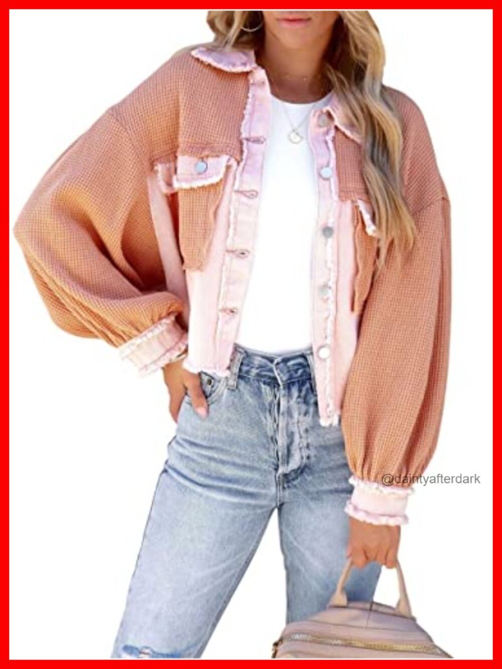 Waffle Knit Cropped Button Down Shacket Long Sleeve Loose Fit Top
